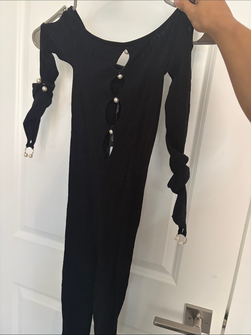 Fashion Nova Black Pearl-Embellished Long Sleeve Bodycon Dress